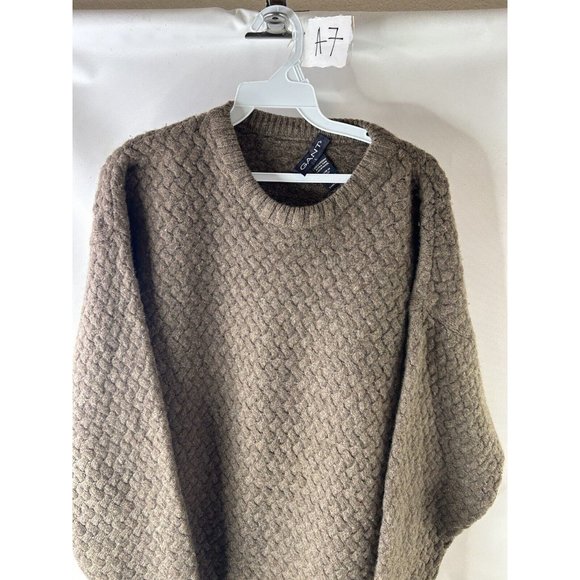 VTG 90s Chunky Lambswool Cable Knit Crewneck Sweater Brown - Picture 2 of 5